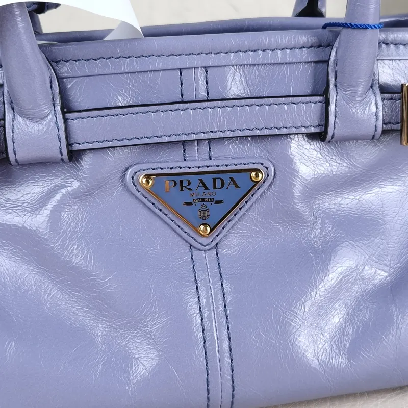PRADA Top Handle Bag Bonnie Soft Lux Blue Waxed Leather Mini 23.5 × 9 × 12 cm — detail view 13 of 14