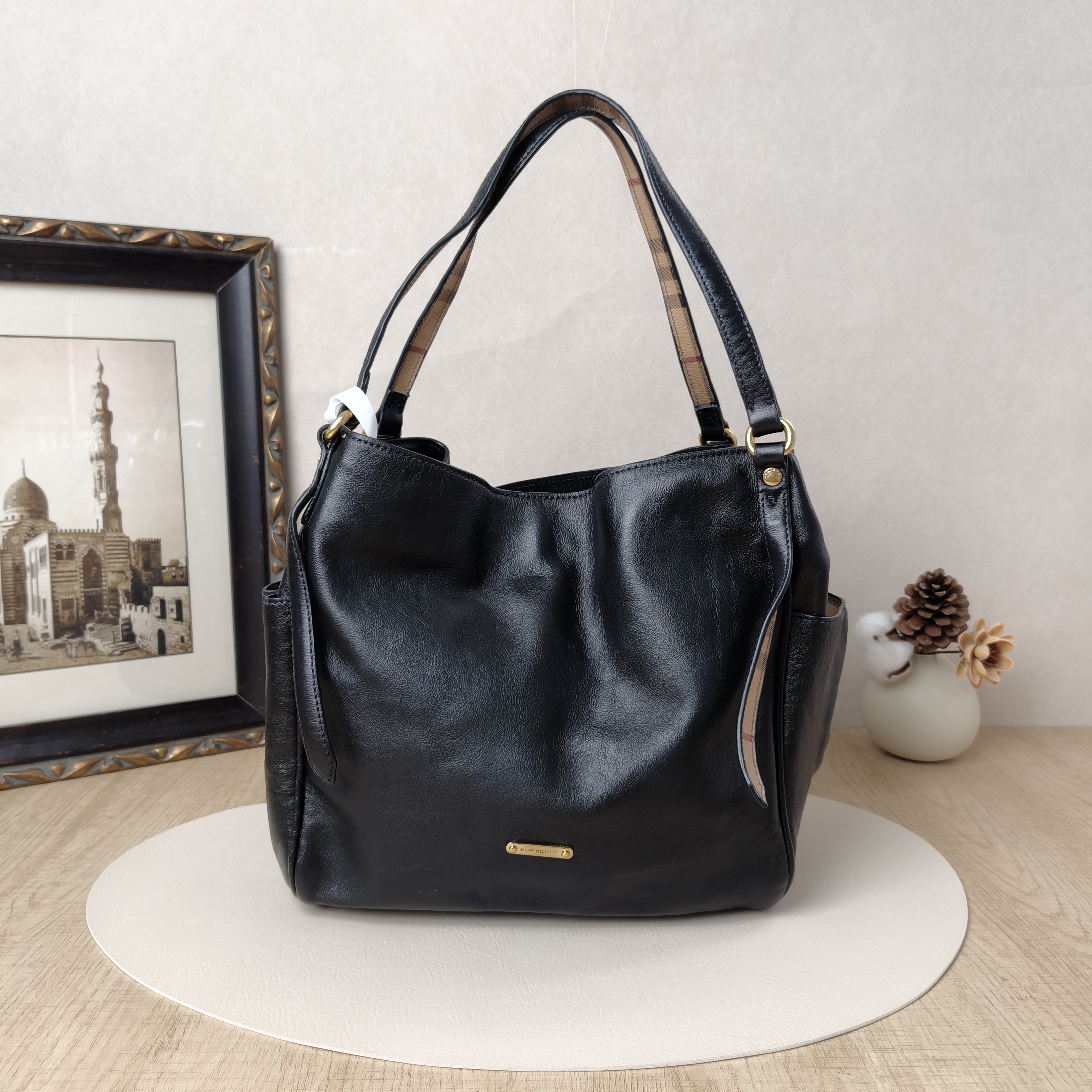 BURBERRY Top Handle Bag Tote Bag Black Calfskin 25 × 16 × 25 cm