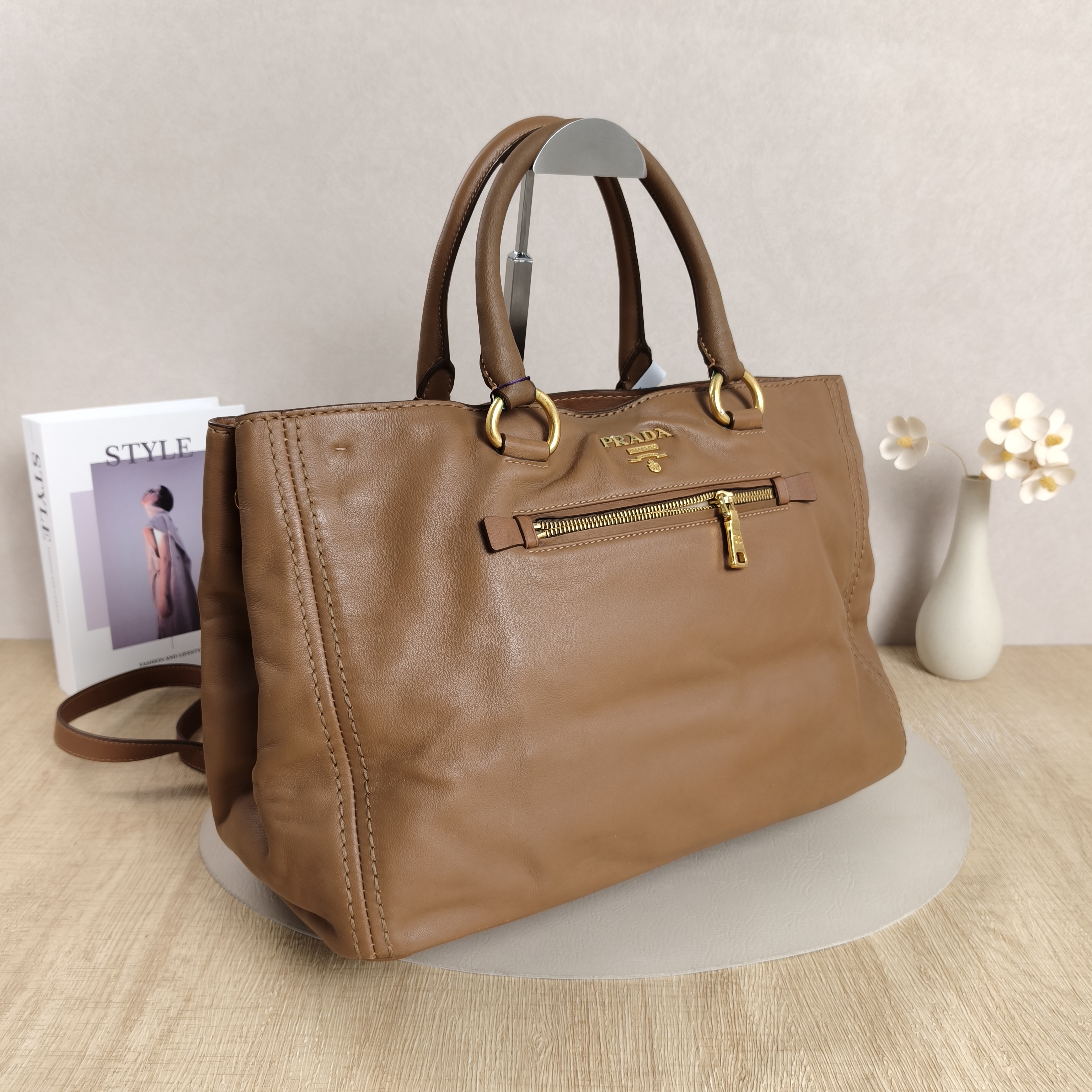 PRADA Top Handle Bag Tote Bag Brown Calfskin One Size38 × 20 × 25 cm — cover view 9 of 10