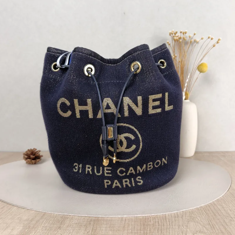 Chanel Shoulder Bag Bucket Bag Navy Gold Canvas 20 × 15 × 25 cm 28