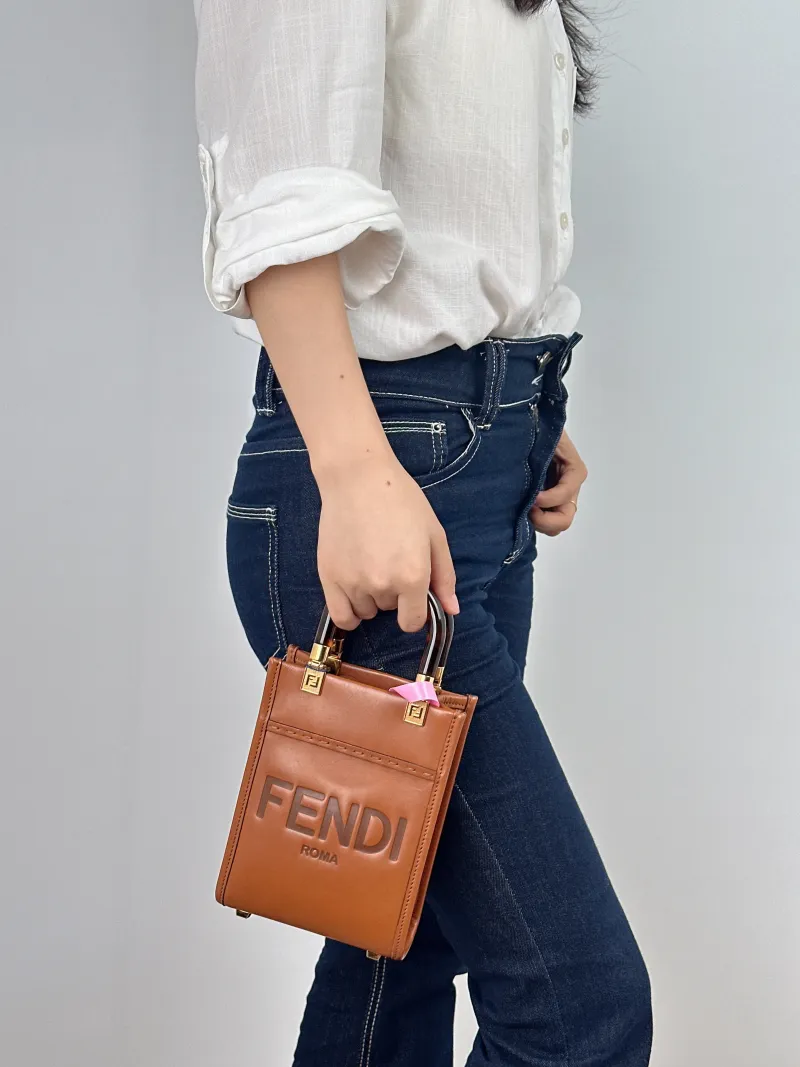 FENDI Crossbody Bag sunshine Caramel Calfskin Mini 13 × 6.5 × 18 cm — on-model view 2 of 2