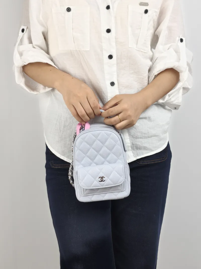 Chanel Backpack Mini Backpack Collection Blue Calfskin One Size 13 × 9 × 18 cm — on-model view 3 of 3