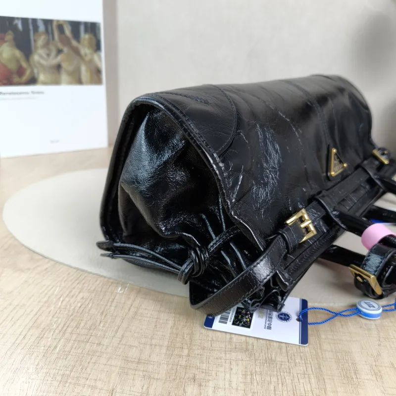 PRADA Shoulder Bag Bonnie Soft Lux Black Waxed Leather Medium 32 × 12 × 15.5 cm — detail view 3 of 13