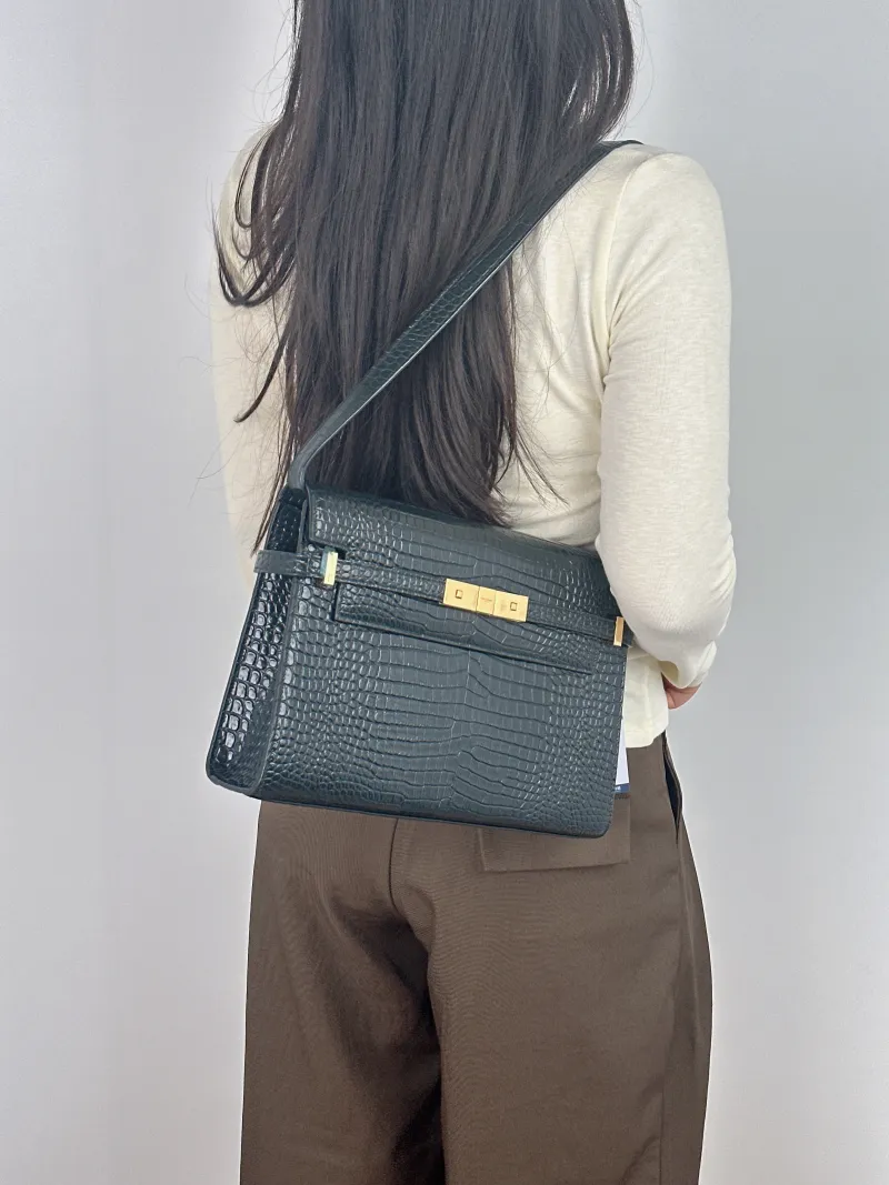SAINT LAURENT Shoulder Bag MANHATTAN Green Calfskin Medium 29 × 7.5 × 20 cm — on-model view 2 of 2