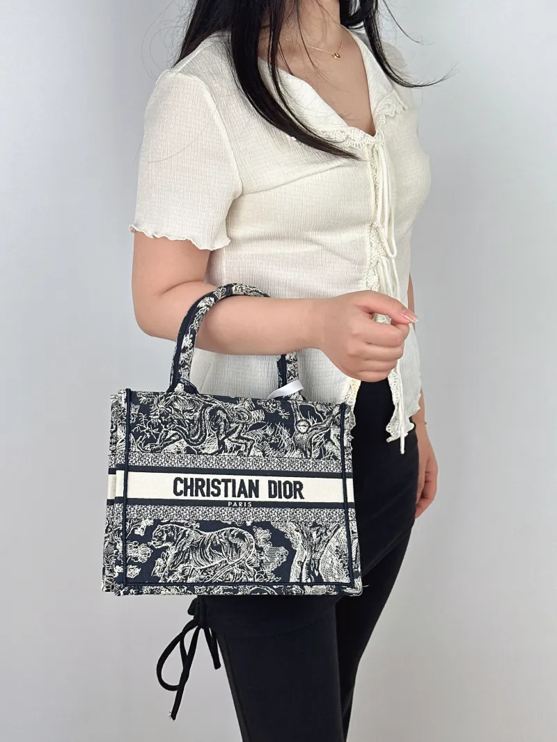 DIOR Top Handle Bag Book Tote Collection · White Blue Canvas Small26.5 × 14 × 22 cm — on-model view 1 of 2