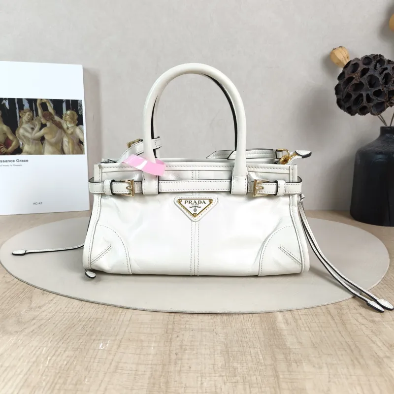 PRADA Top Handle Bag Bonnie Soft Lux White Waxed Leather Mini 23.5 × 9 × 12 cm
