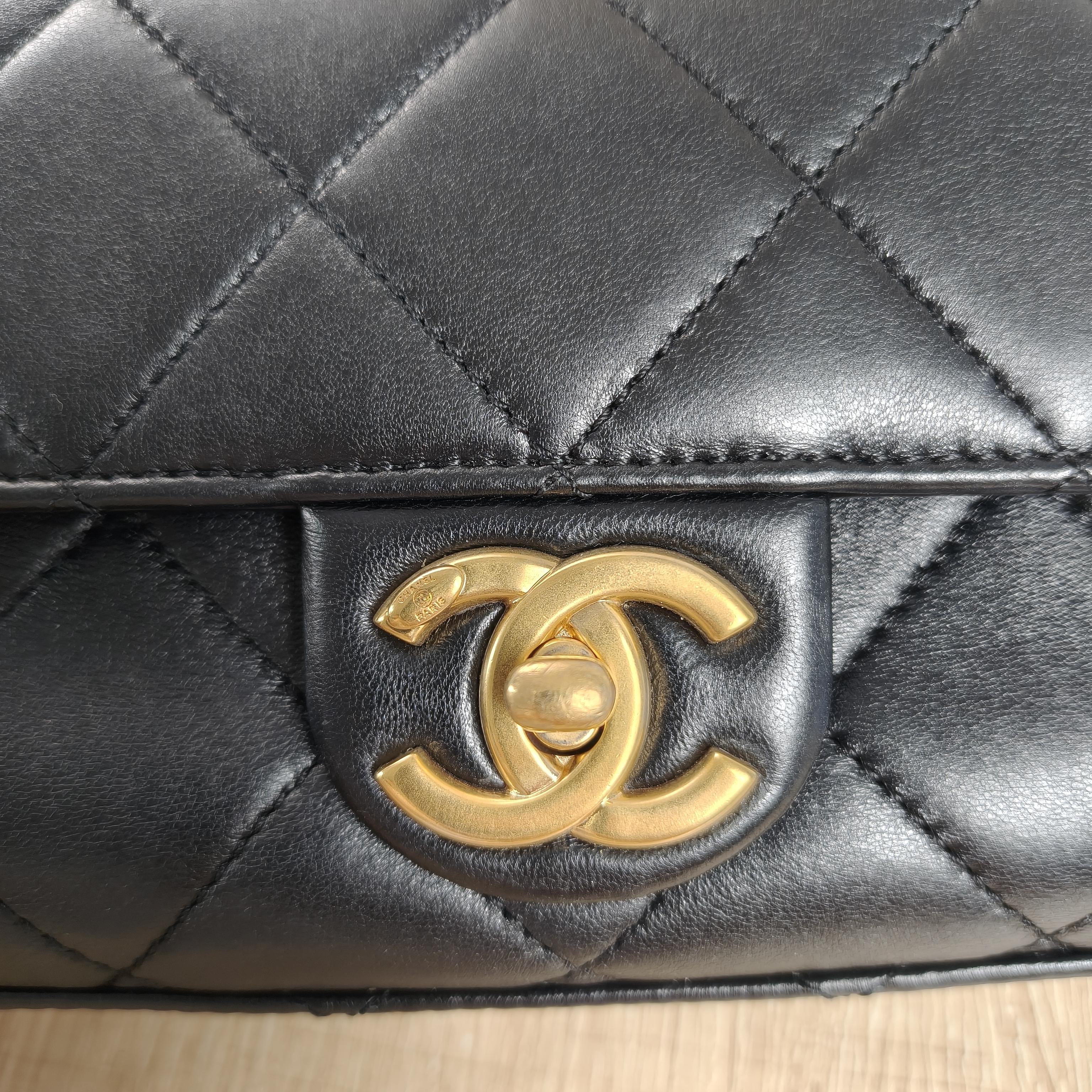 Chanel Pearl Chain Bag Black with Gold-Tone Hardware Lambskin Microchip Edition · 26 × 7 × 16 cm — cover view 6 of 10