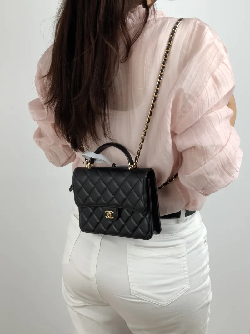 Chanel Backpack 25k Backpack Black Lambskin One Size 18.2 × 5 × 14 cm — on-model view 1 of 3
