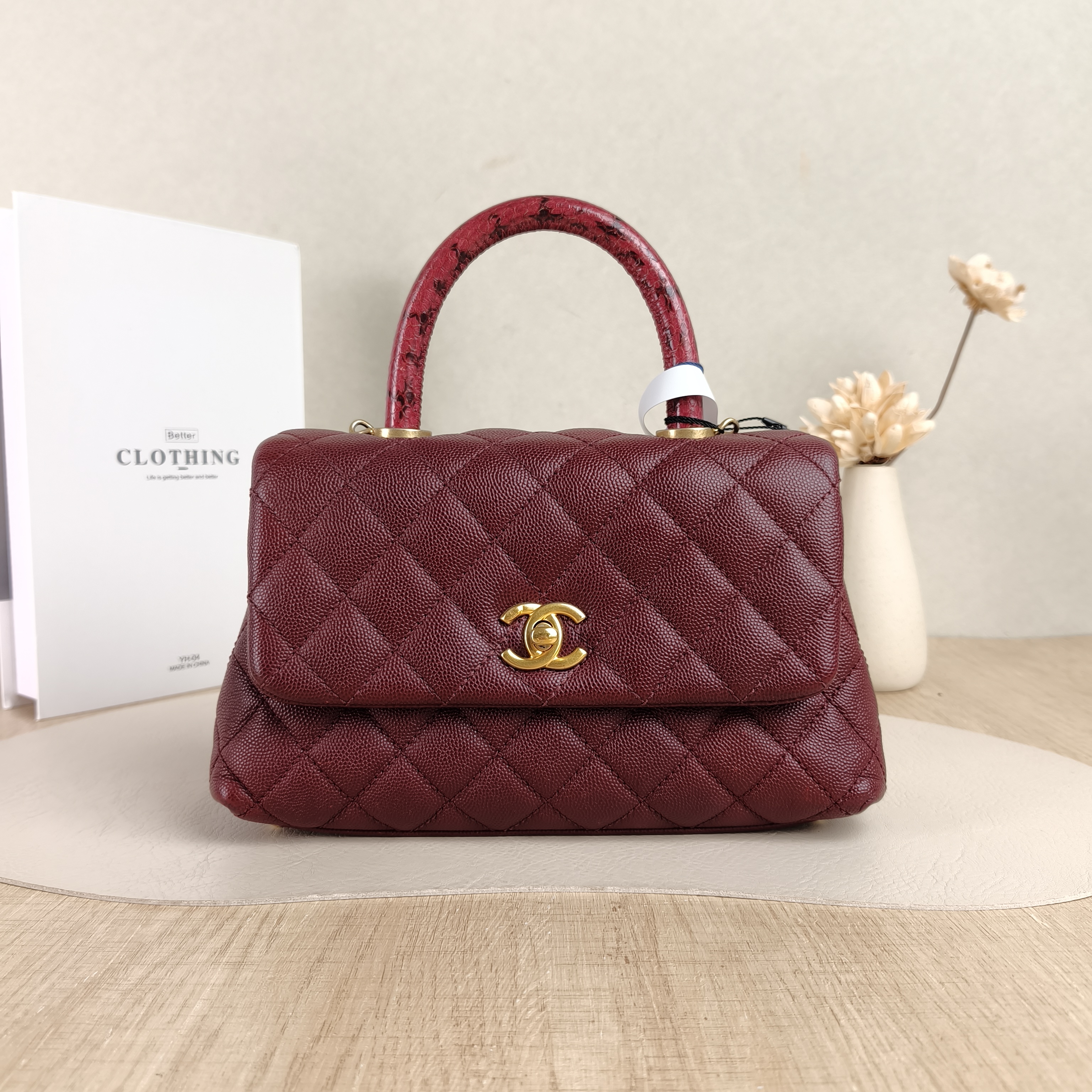 Chanel Crossbody Bag Coco Handle​Burgundy Calfskin Small24 × 10 × 14 cm