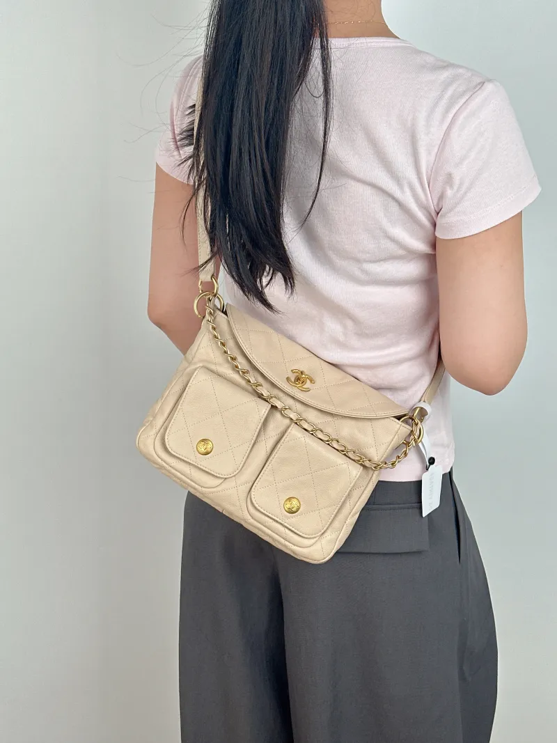 Chanel Shoulder Bag Supple Twins Hobo Beige Grained Calfskin Small 24.5 × 5 × 19 cm — on-model view 1 of 2