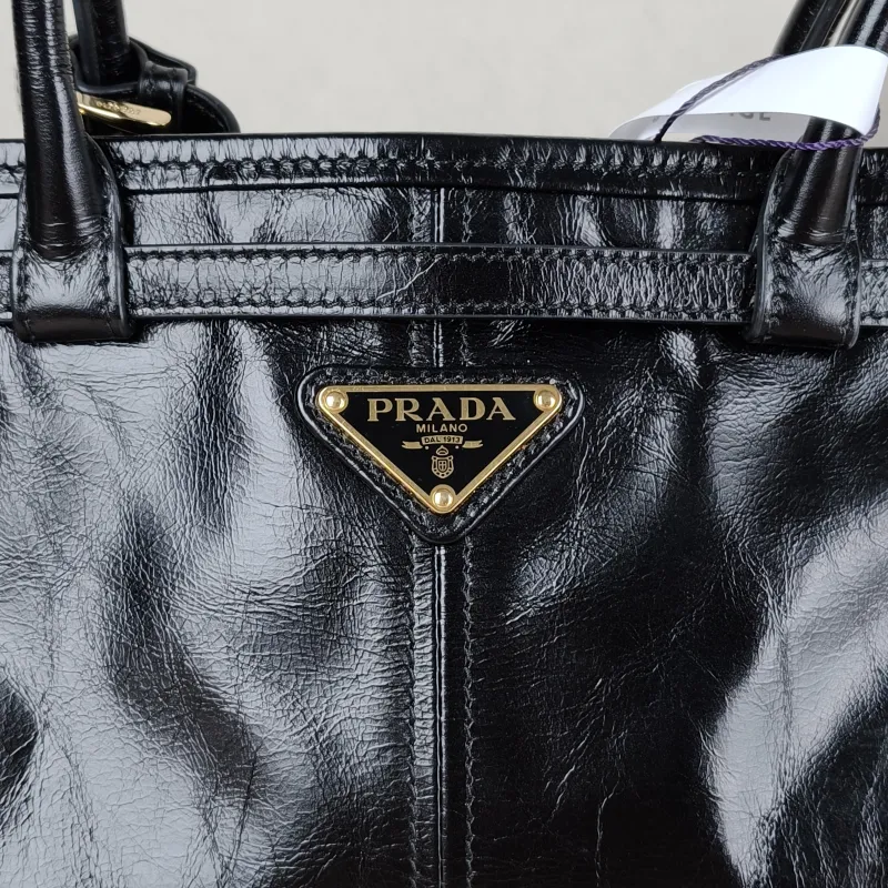 PRADA Shoulder Bag Bonnie Soft Lux Black Waxed Leather Medium32 × 12 × 15.5 cm — detail view 2 of 12