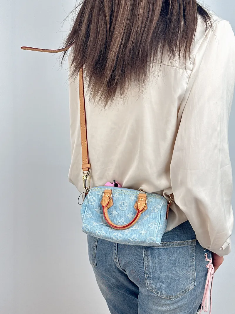 Louis Vuitton Crossbody Bag Speedy Nano Blue nano 16 × 7.5 × 10 cm — on-model view 1 of 2