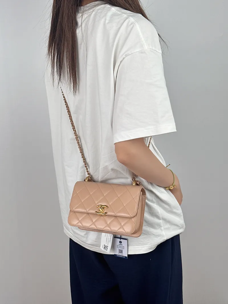 Chanel Crossbody Bag woc Taupe Calfskin One Size19 × 6 × 12 cm — on-model view 1 of 2