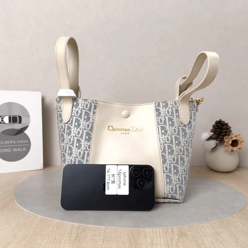 DIOR Top Handle Bag Signature Bucket Bag Beige · Blue Canvas · Calfskin Small21 × 11 × 19 cm — cover view 3 of 5