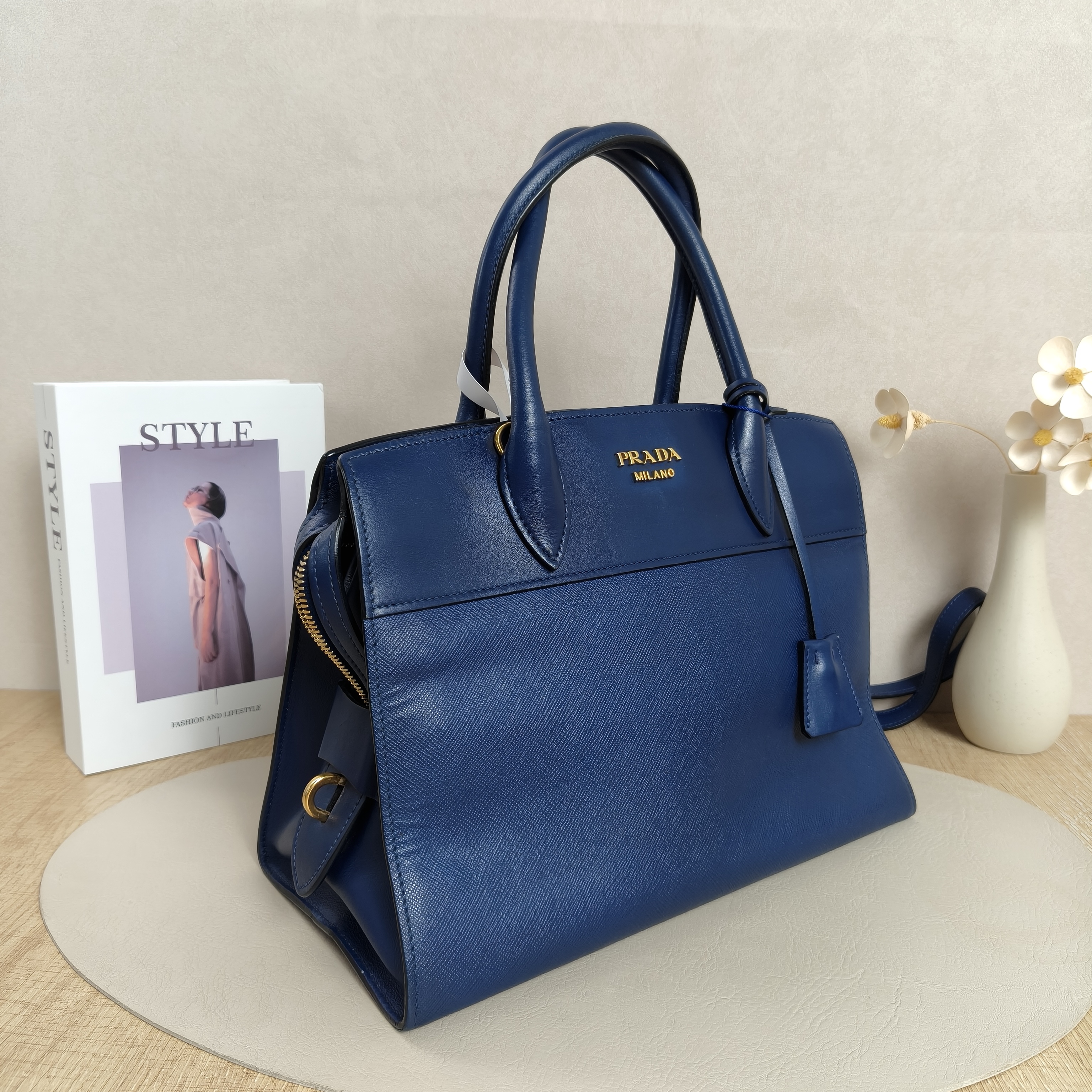 PRADA Shoulder Bag Blue Calfskin · Shoulder Strap Leather Tag Dust Bag · 30 × 14 × 23 cm — cover view 2 of 12