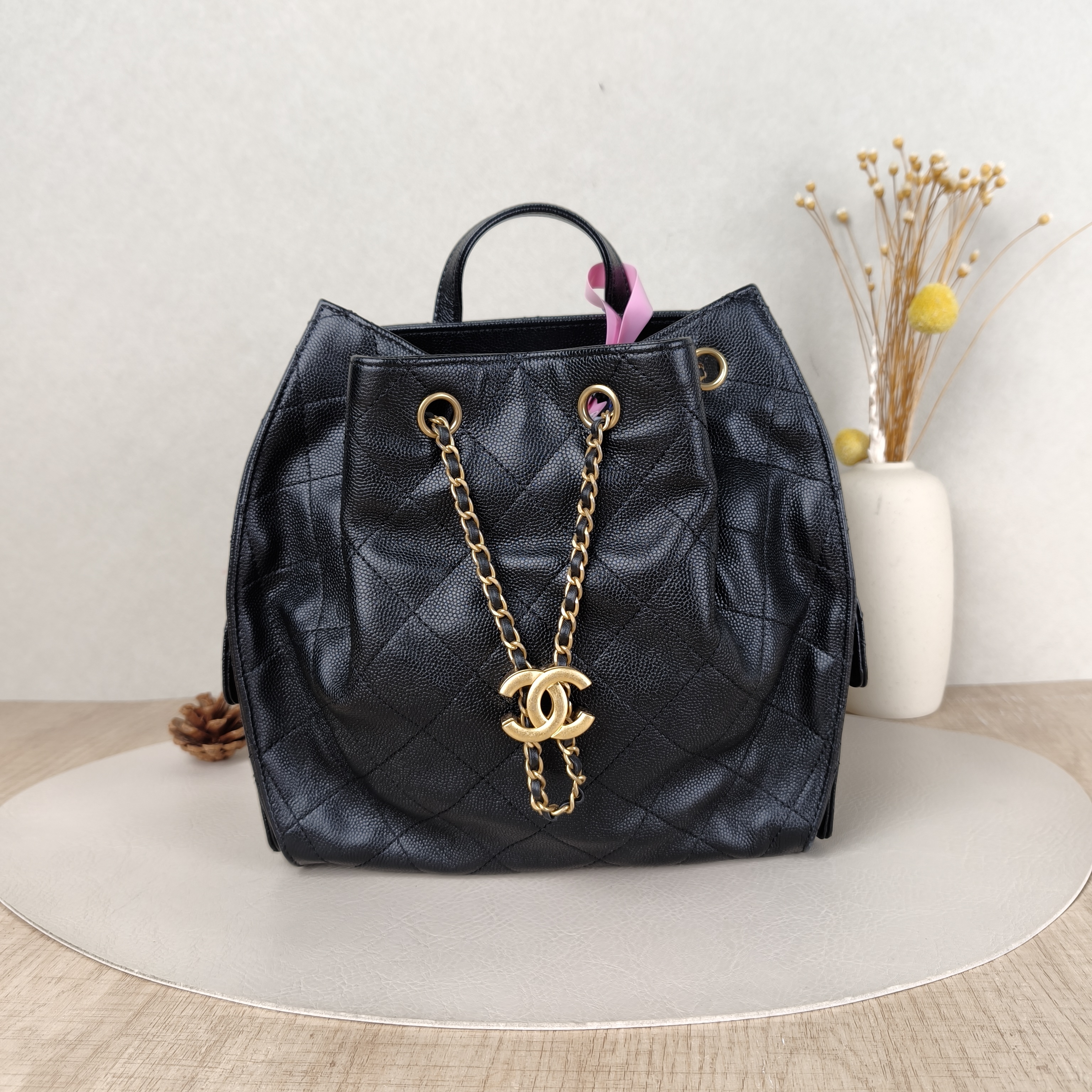 Chanel Shoulder Bag25bag Backpack Black Grained Calfskin Medium23 × 14 × 23 cm