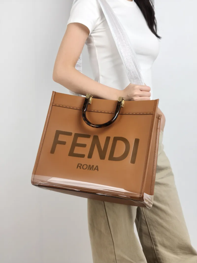 FENDI Top Handle Bag Sunshine Shopping Tote Caramel Calfskin Medium 35 × 17 × 31 cm — on-model view 2 of 2