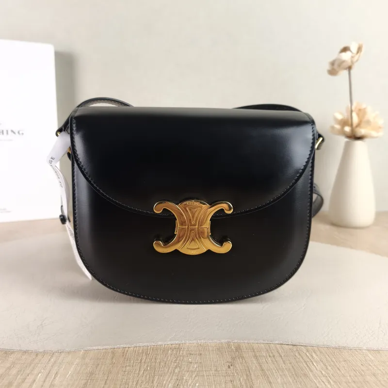 CELINE Crossbody Bag TEEN BESACE TRIOMPHE Black Calfskin Small 18.5 × 6 × 16 cm