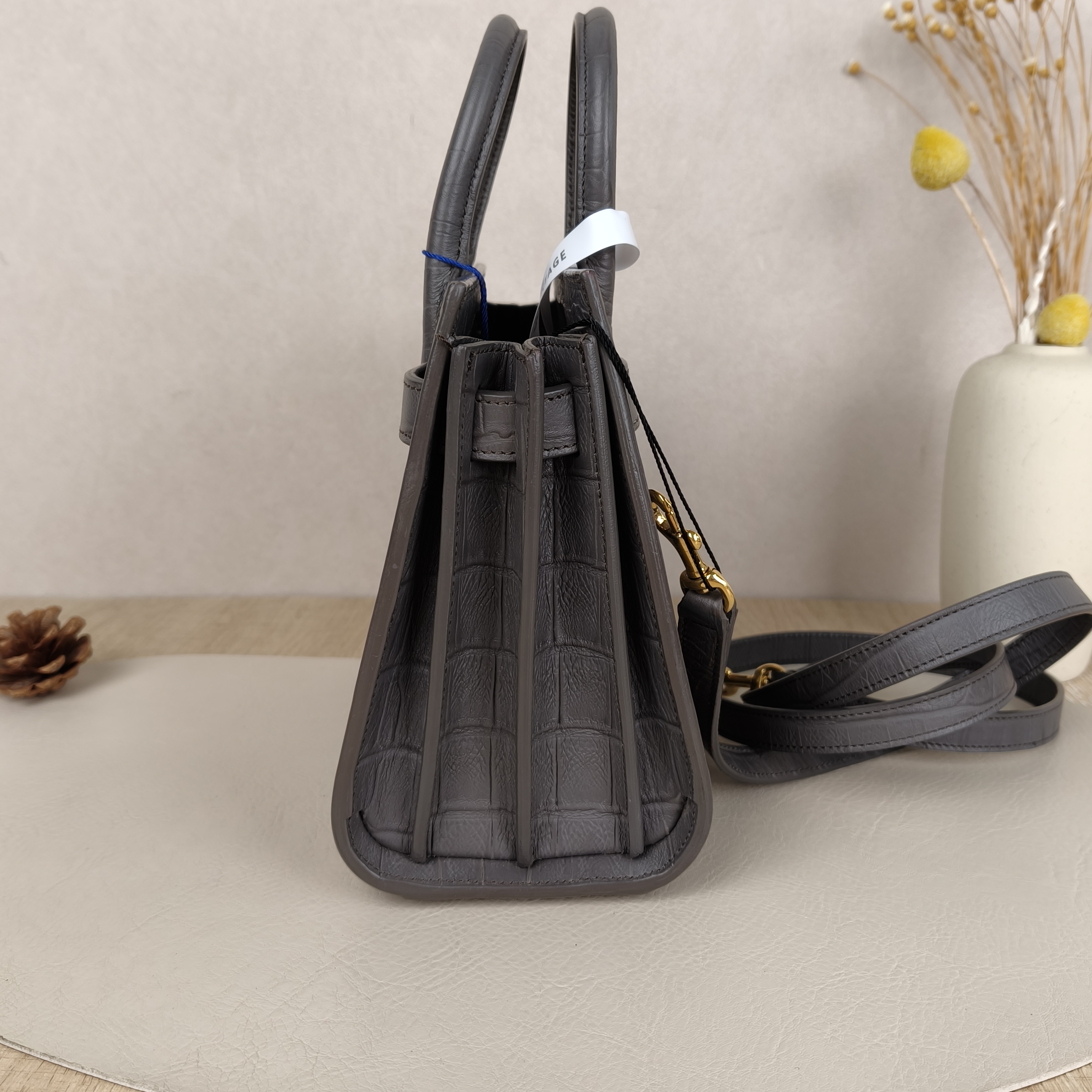 SAINT LAURENT sacdejour mini Grey Calfskin · Shoulder Strap Leather Tag · 22 × 11 × 18 cm — cover view 6 of 9