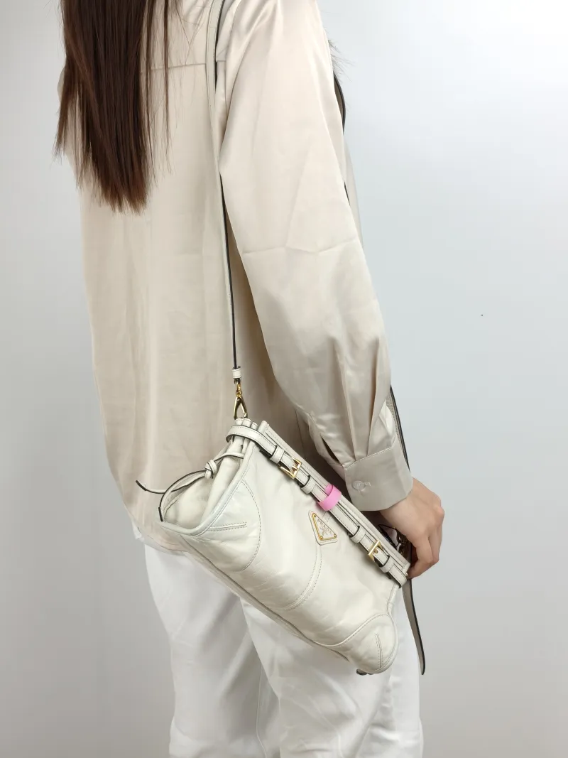 PRADA Crossbody Bag Bonnie Soft Lux Shoulder Strap Edition White Waxed Leather Calfskin Small 26 × 12 × 14 cm Conditioned — on-model view 1 of 2