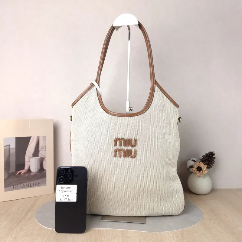 Miumiu Shoulder Bag IVY Tote Shopping Tote Beige Brown Canvas Medium 35*40 — cover view 4 of 5