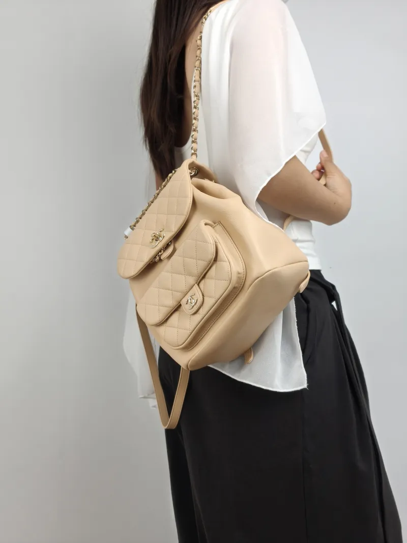 Chanel Backpack Duma Taupe Calfskin Large 21 × 13 × 23 cm — on-model view 3 of 3