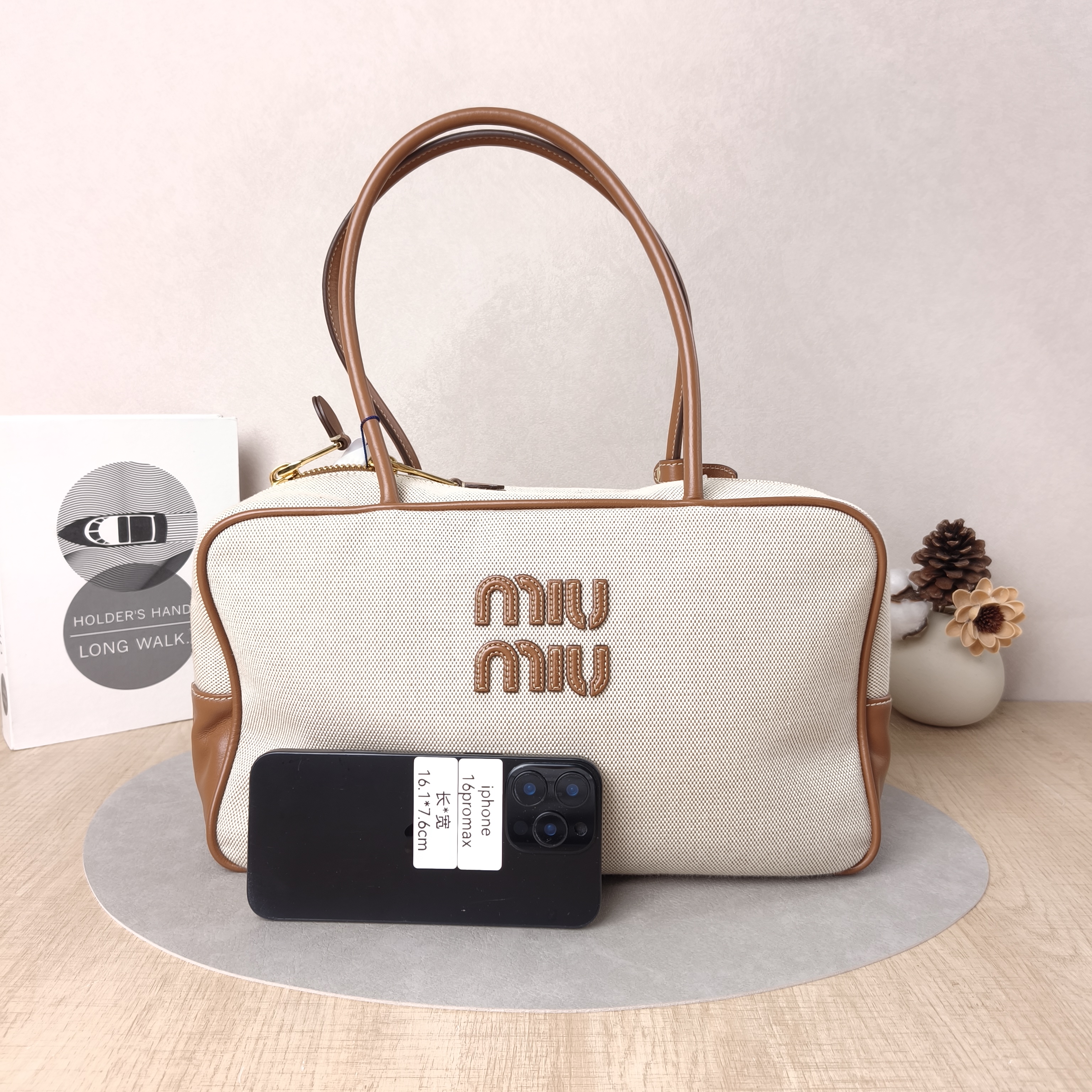 Miumiu Top Handle Bag Beau Brown Canvas · Calfskin Large34 × 10 × 20 cm — cover view 2 of 5