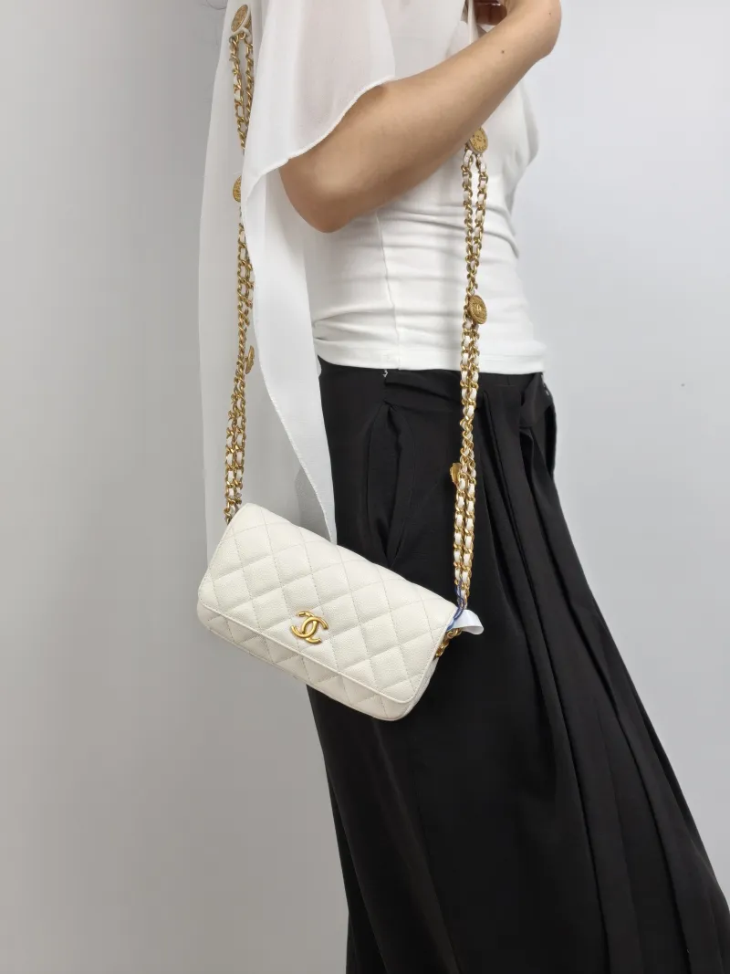 Chanel Crossbody Bag Crossbody Bag White Gold Grained Calfskin One Size 17 × 3 × 9.5 cm — on-model view 2 of 2