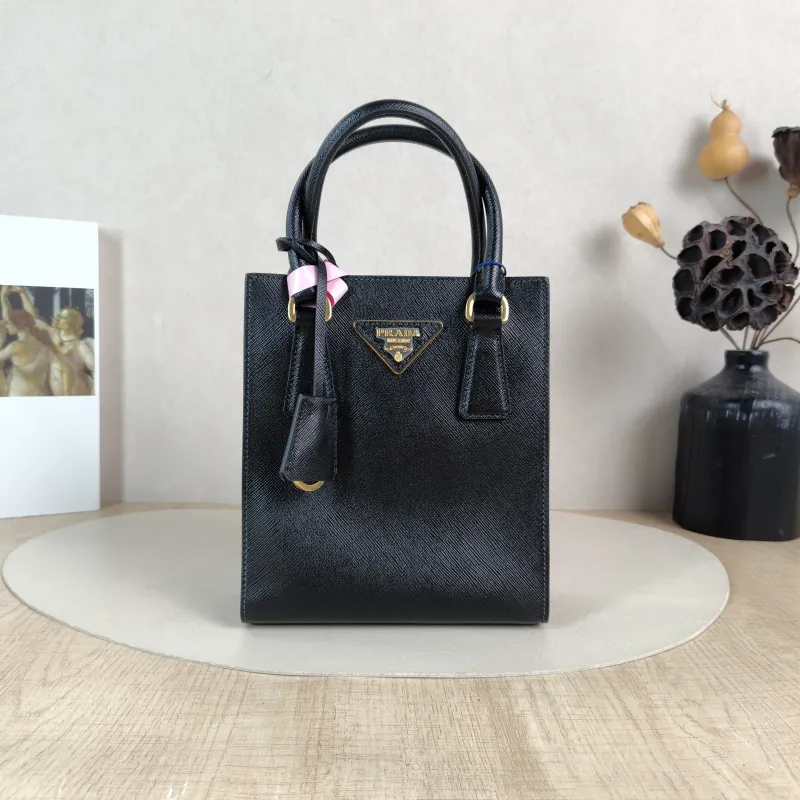 PRADA Top Handle Bag Saffiano Black Calfskin One Size 17 × 6 × 19 cm