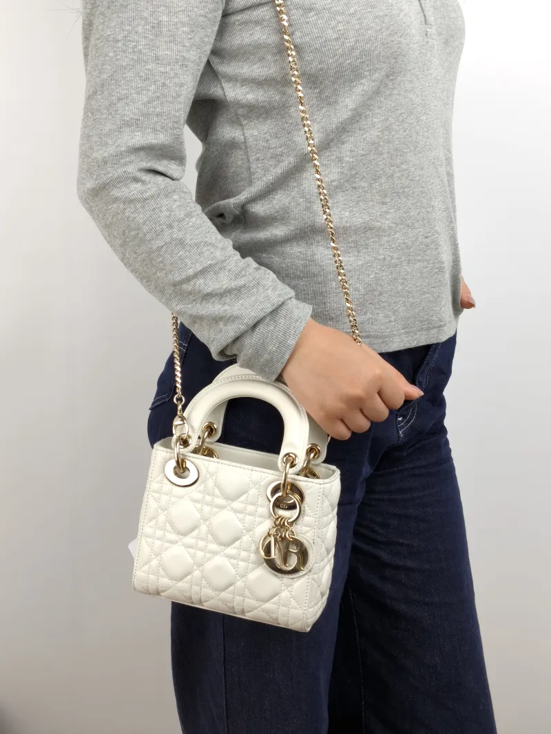 DIOR Crossbody Bag Lady Lady Dior Bag White Lambskin Mini 17 × 7 × 15 cm — on-model view 1 of 3