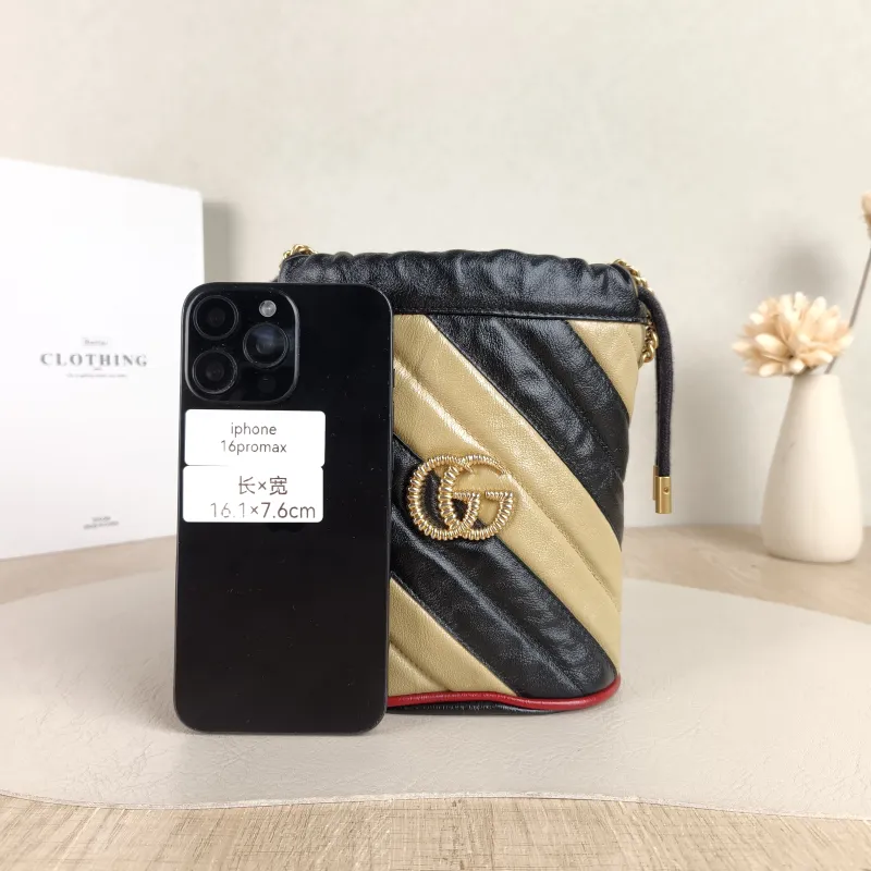 GUCCI Crossbody Bag GG Marmont Marmont Bucket Bag Black Brown Calfskin 14 × 10 × 17 cm — cover view 2 of 5