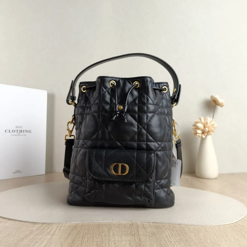 DIOR Crossbody Bag Caro Bucket Bag Black Lambskin Small 20 × 9 × 24 cm