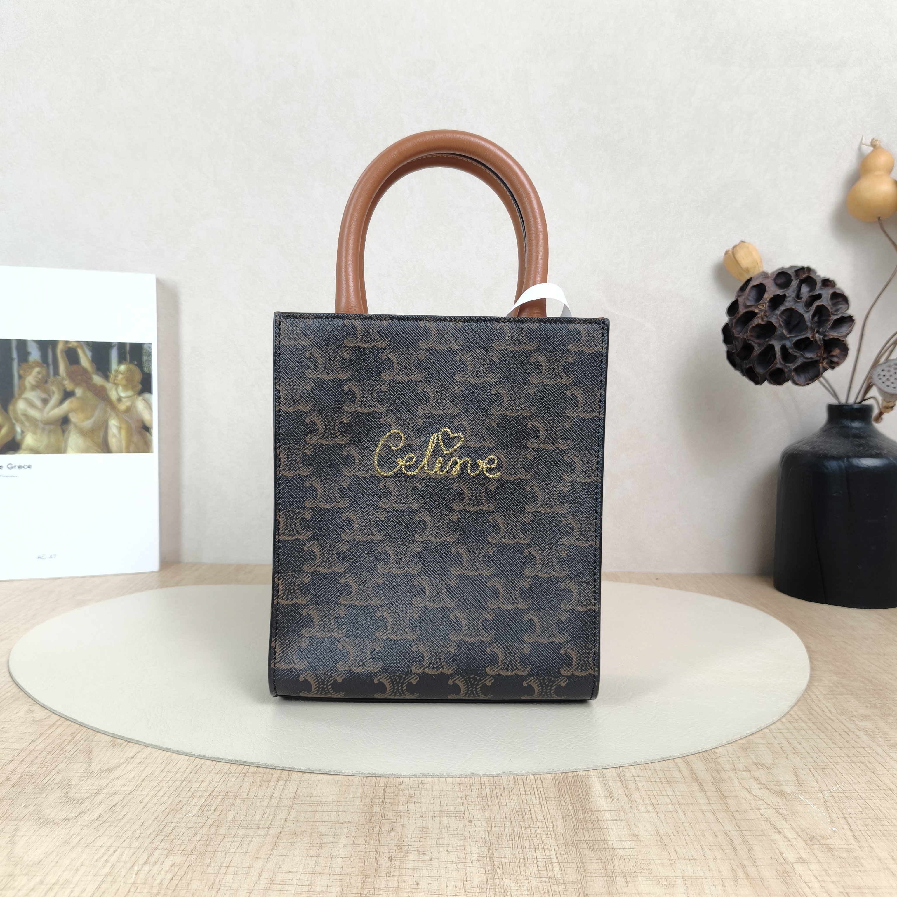 CELINE Crossbody Bag CABAS Mini Brown Monogram Embroidered PV Cmini17 × 4 × 20.5 cm