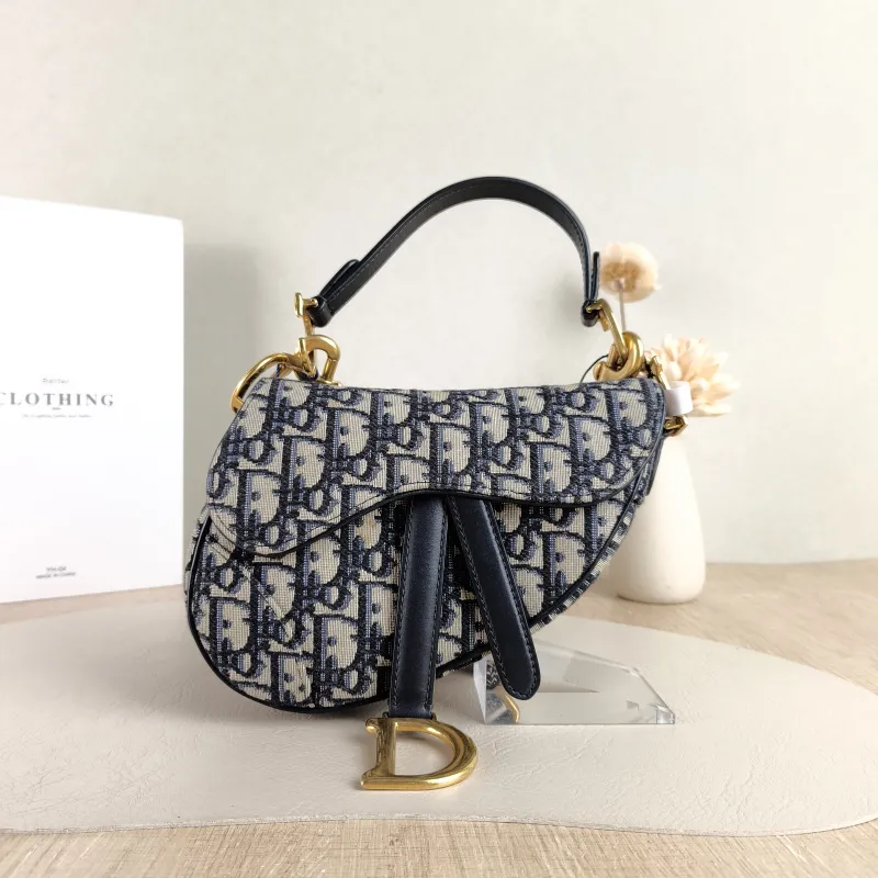 DIOR Top Handle Bag Saddle Blue Canvas Mini 19 × 6 × 15 cm