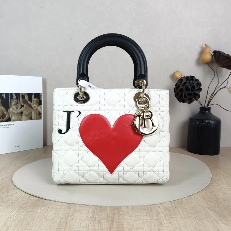 DIOR Top Handle Bag Lady Lady Dior Bag White Calfskin Medium Edition 24 × 12 × 21 cm