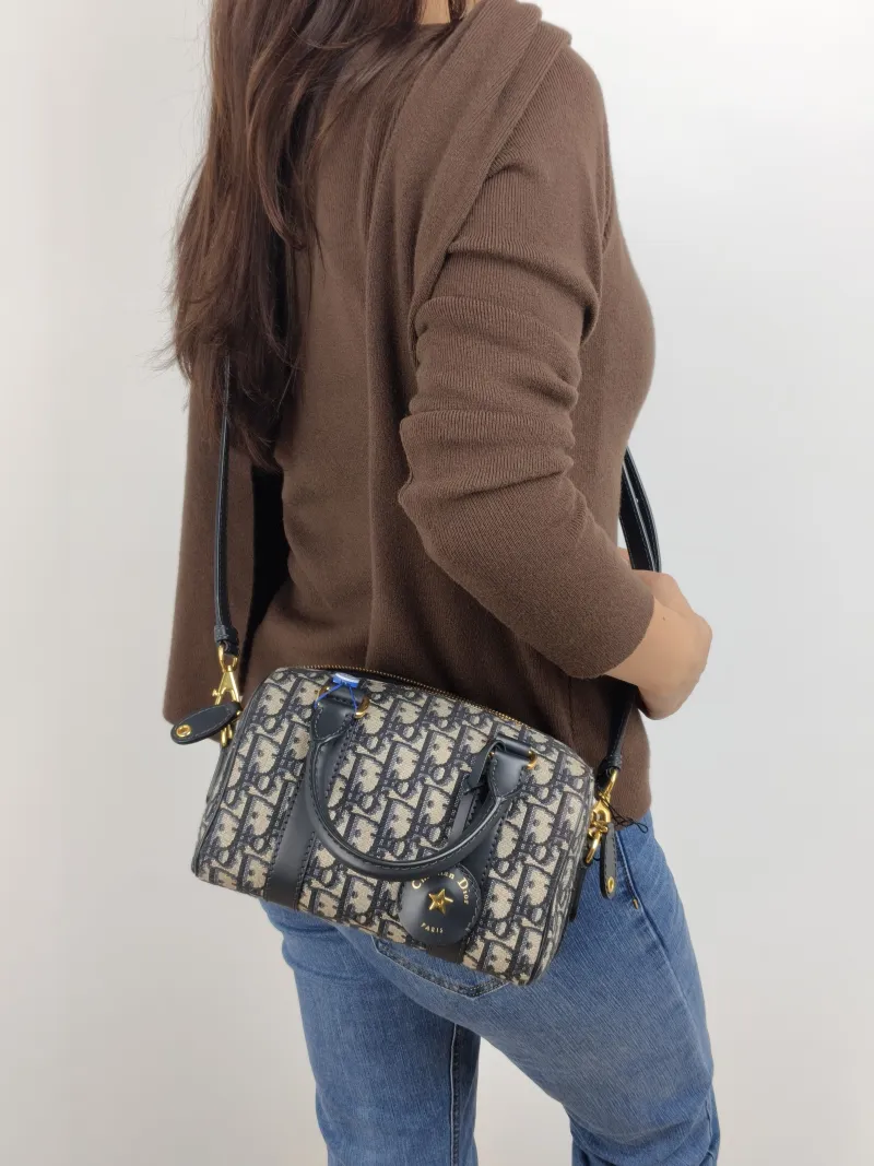 DIOR Crossbody Bag Groove 20 Top Handle Bag Blue Canvas Small 20.5 × 12 × 13.5 cm — on-model view 3 of 3