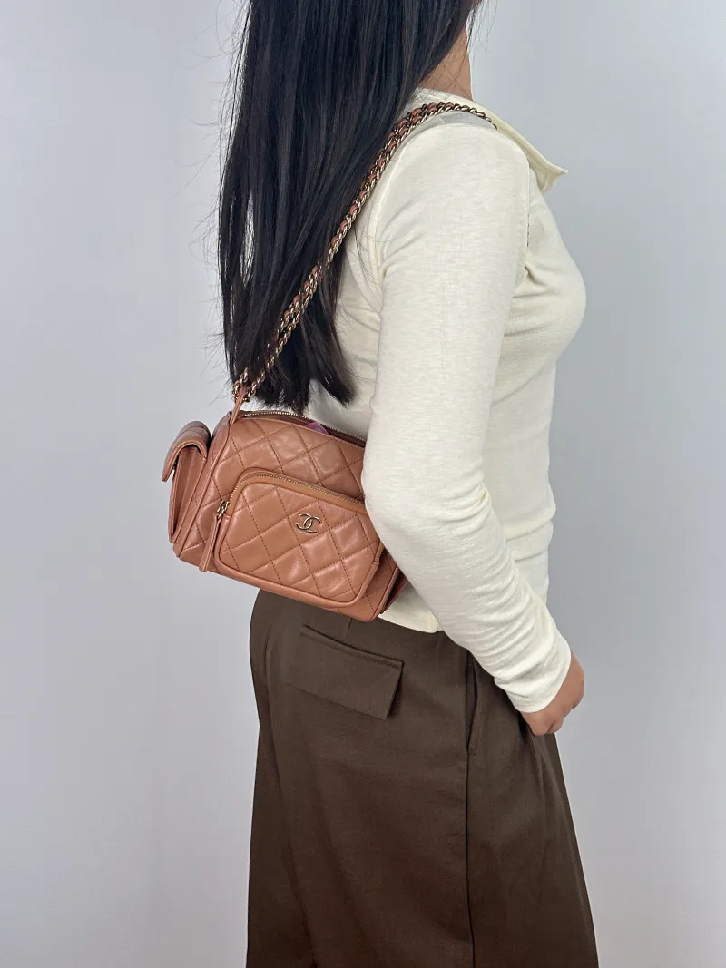 Chanel Crossbody Bag Camera Bag Taupe Lambskin One Size 18 × 9 × 12 cm — on-model view 1 of 2