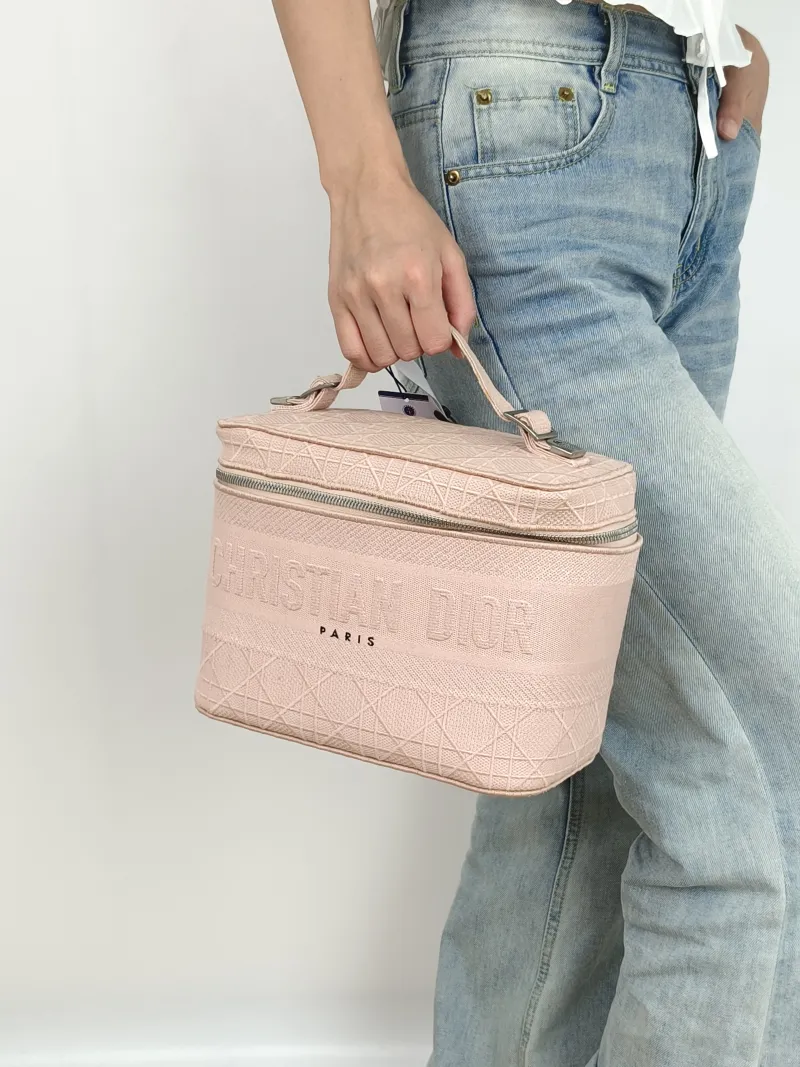 DIOR Top Handle Bag Travel Vanity Cosmetic Bag Pink Canvas Medium24.5 × 13.5 × 17 cm — on-model view 1 of 2