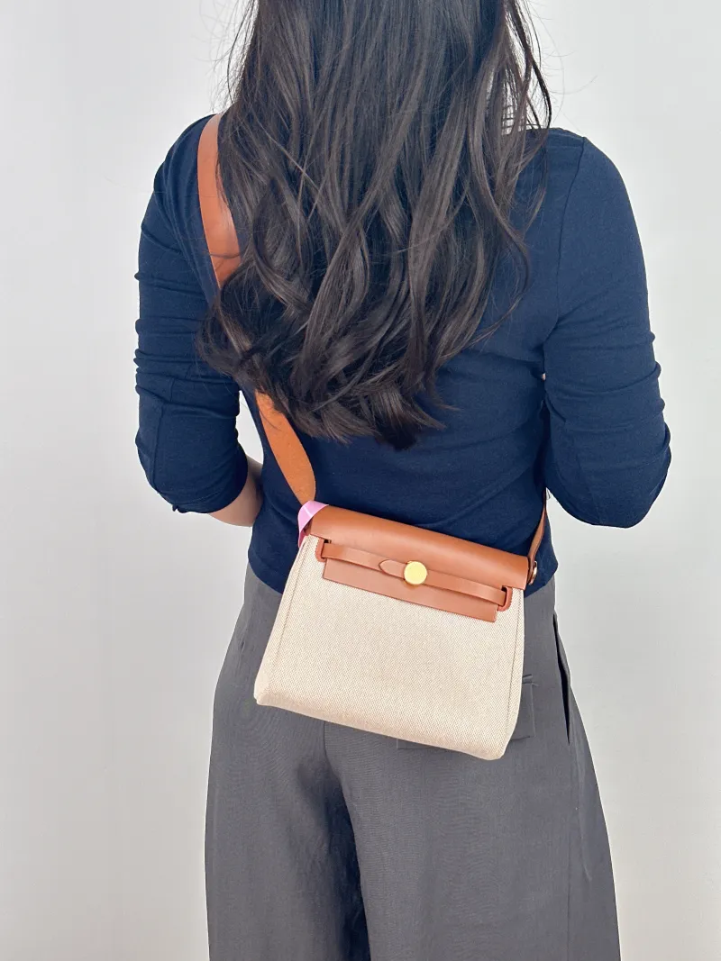 Hermès Shoulder Bag Herbag Zip 20 Beige Canvas Mini 20 × 7 × 17 cm w — on-model view 2 of 2
