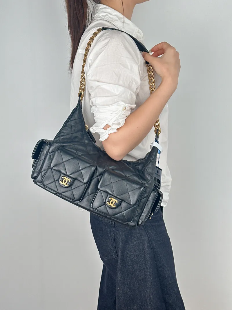 Chanel Shoulder Bag Hobo Shoulder Bag Black Lambskin Small31 × 15 × 22 cm — on-model view 1 of 2