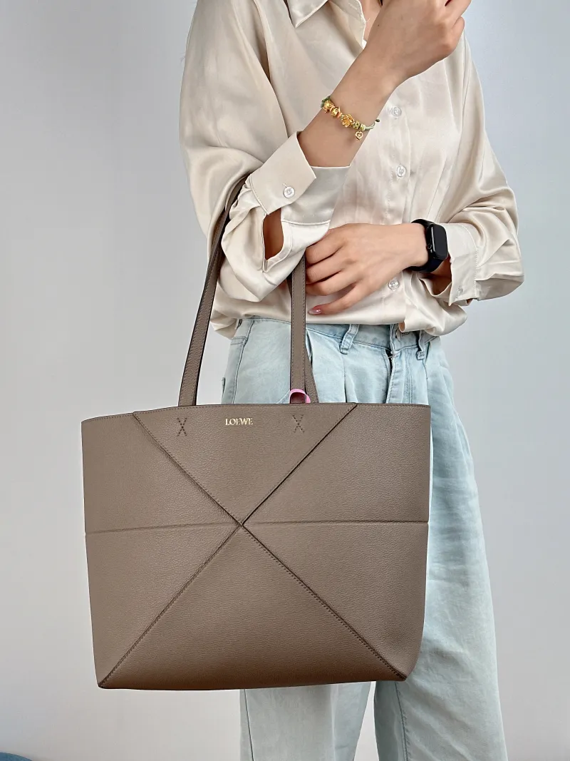 LOEWE Shoulder Bag Puzzle Fold Shopping Tote Dark Grey Calfskin Medium 31.5 × 12.5 × 29 cm — on-model view 1 of 2