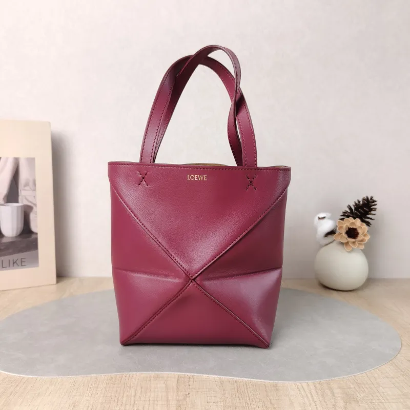 LOEWE Crossbody Bag Puzzle Fold Shopping Tote Red Calfskin Mini 16.5 × 9.5 × 20 cm