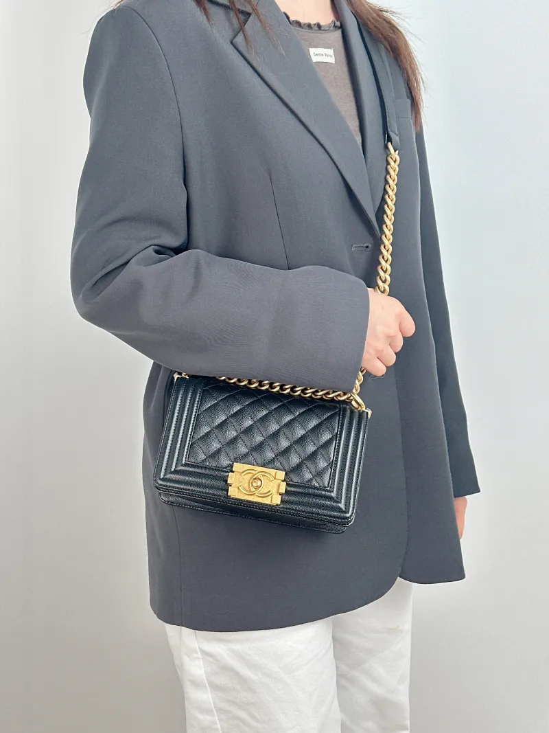 Chanel Crossbody Bag Le Boy​ Black Grained Calfskin Small 20.5 × 8.5 × 12 cm — on-model view 1 of 2