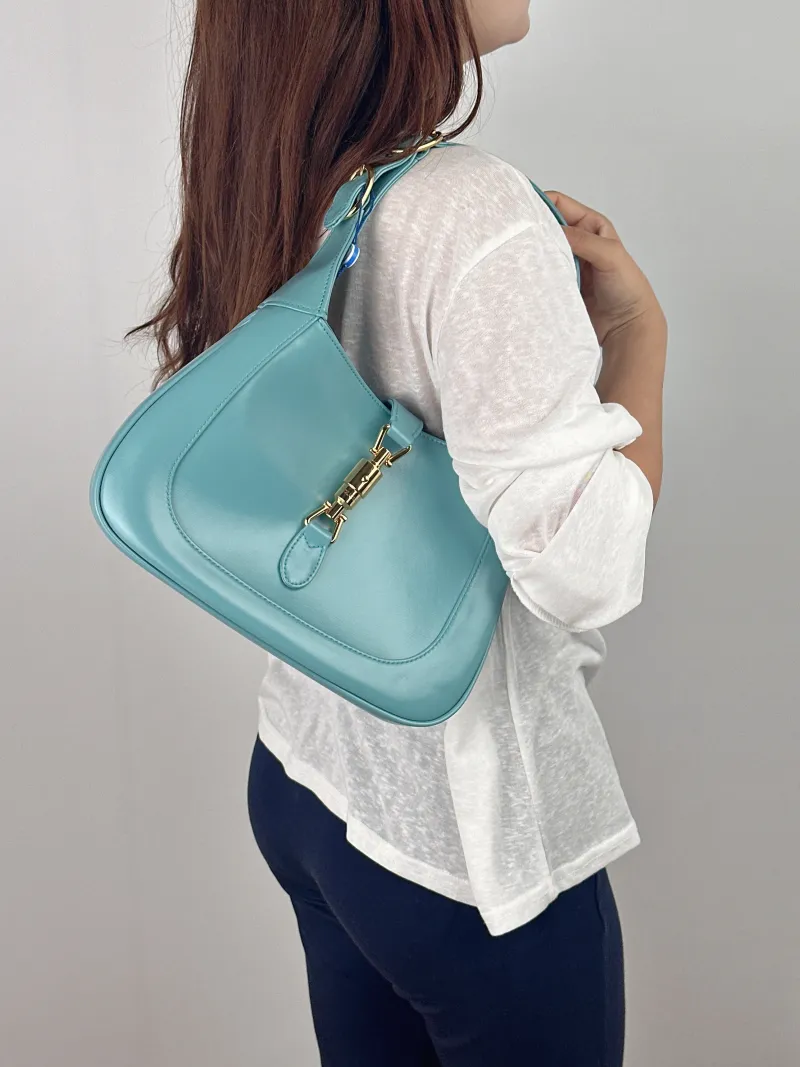 GUCCI Crossbody Bag Jackie 1961Collection Blue Calfskin Medium 27.5 × 4 × 19 cm — on-model view 2 of 2