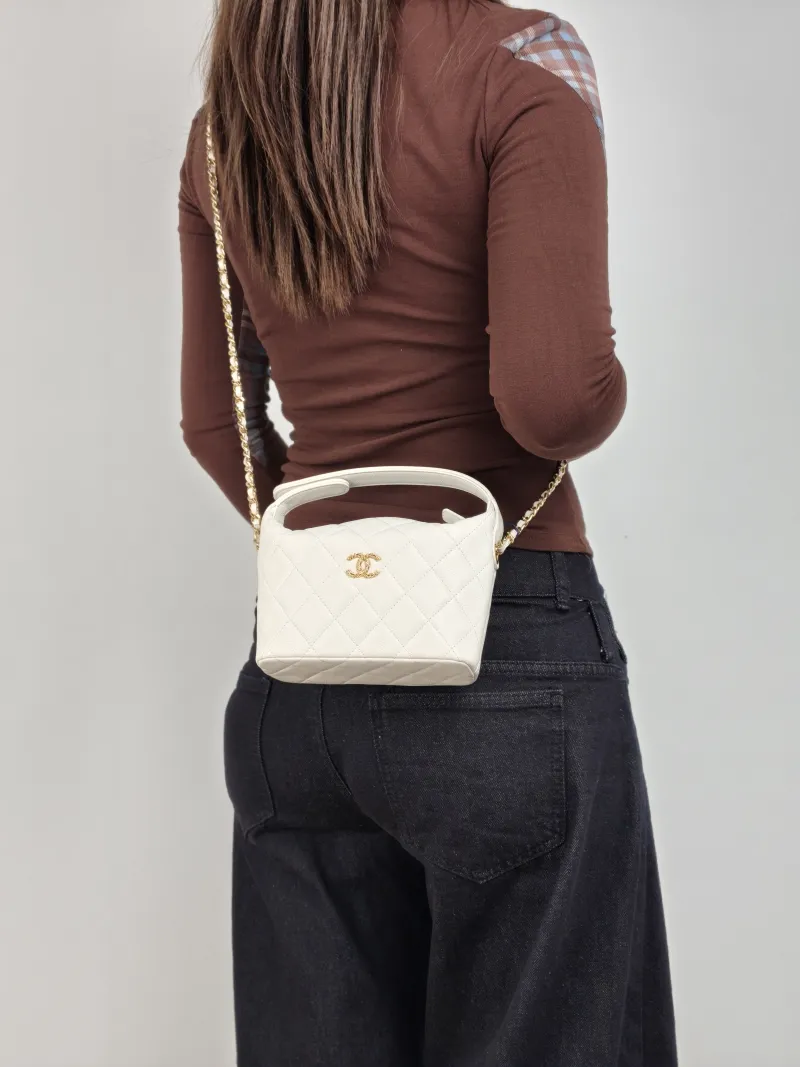 Chanel Crossbody Bag Crossbody Bag White Gold-Tone Hardware Grained Calfskin One Size 21.5 × 7.5 × 19 cm — on-model view 3 of 3