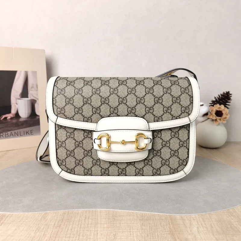 GUCCI Crossbody Bag Horsebit 1955 Horsebit Medium White Monogram PVC Medium 25 × 8 × 18 cm