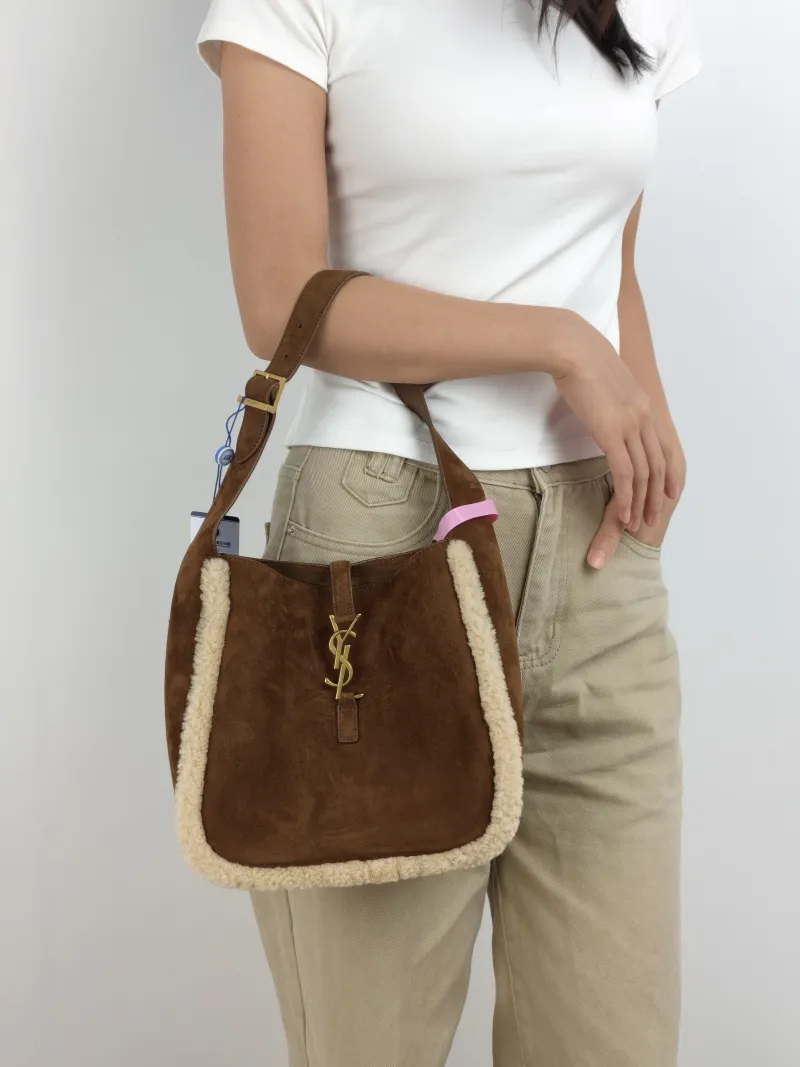 SAINT LAURENT Shoulder Bag LE 5 À 7 Hobo Brown Suede Small 22 × 8.5 × 23 cm — on-model view 2 of 2