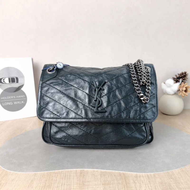 SAINT LAURENT Crossbody Bag Niki Green Waxed Leather Medium 28 × 8.5 × 20 cm
