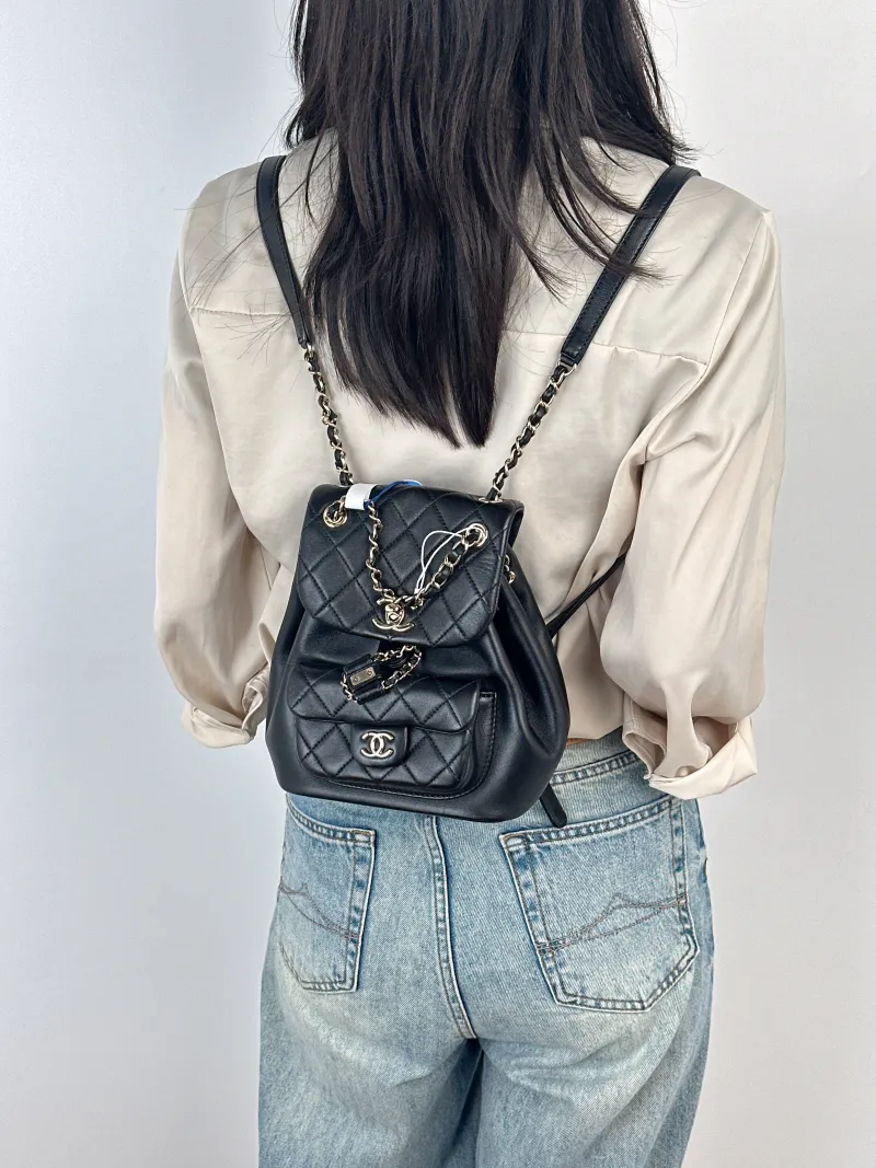 Chanel Backpack Duma Black Lambskin Small18 × 9.5 × 19 cm — on-model view 1 of 3