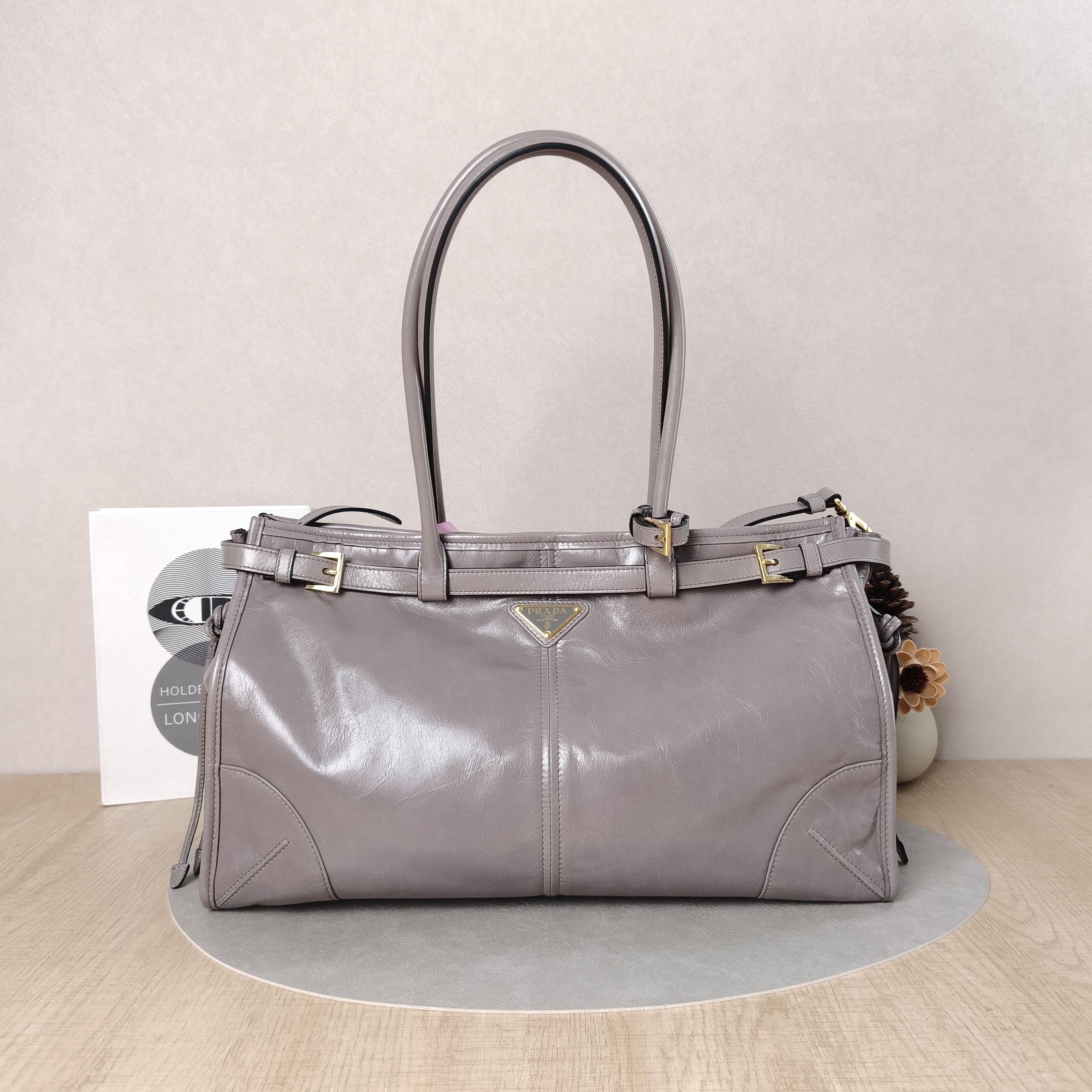 PRADA Shoulder Bag Bonnie Soft Lux Grey Waxed Leather Large38 × 12 × 24 cm